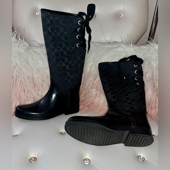 Coach Black Signature Jacquard Back Lace Up Rain Boots Size 11B/41 - Picture 9 of 15